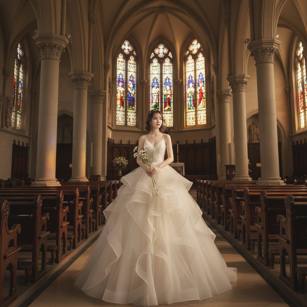 V-Neck Spaghetti Strap Tulle Ball Gown Wedding Dress - Luzilly Bridal & Apparel