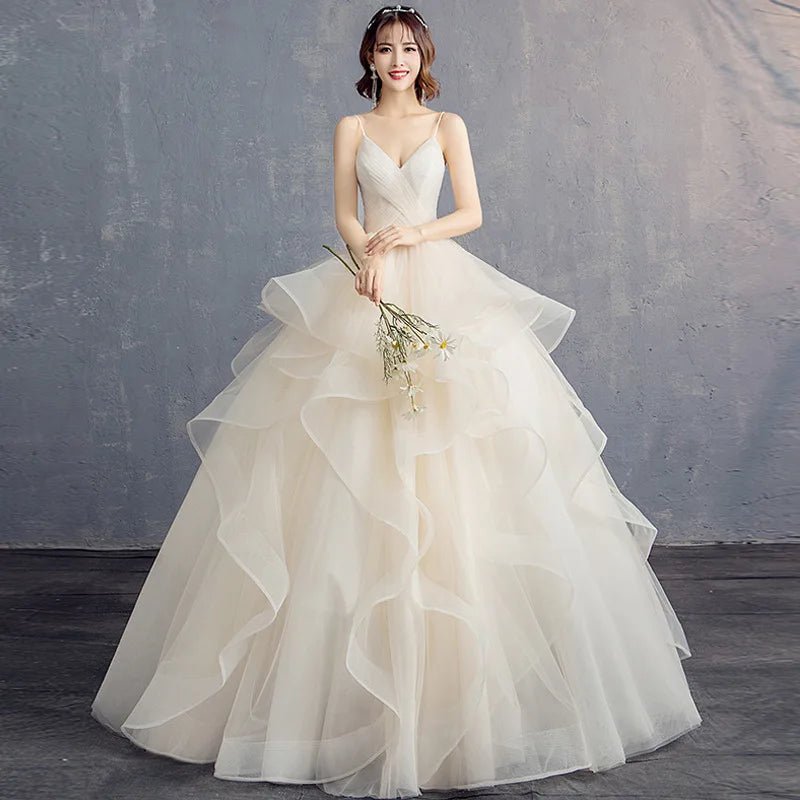 V-Neck Spaghetti Strap Tulle Ball Gown Wedding Dress - Luzilly Bridal & Apparel