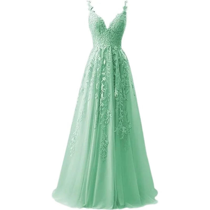 V-Neck Tulle Lace Appliqué A-Line Bridesmaid Dress - Luzilly Bridal & Apparel