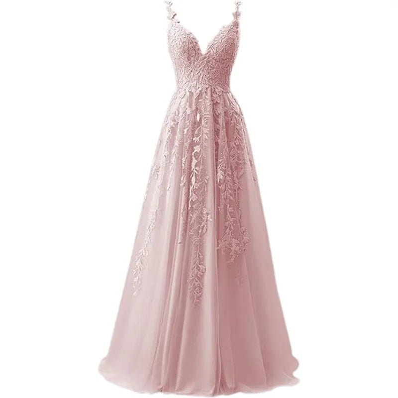 V-Neck Tulle Lace Appliqué A-Line Bridesmaid Dress - Luzilly Bridal & Apparel