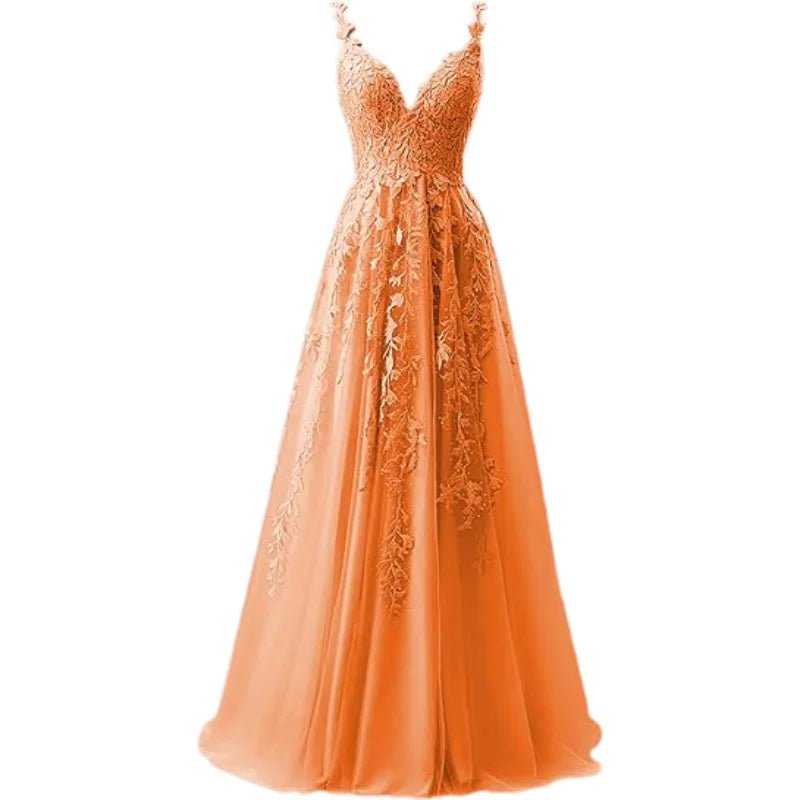 V-Neck Tulle Lace Appliqué A-Line Bridesmaid Dress - Luzilly Bridal & Apparel