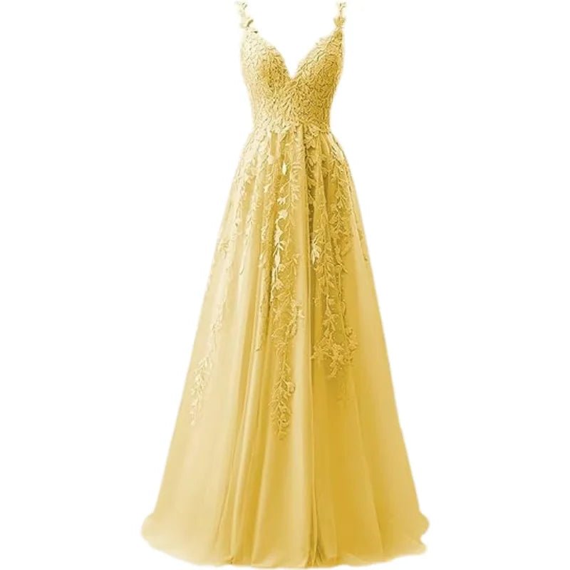 V-Neck Tulle Lace Appliqué A-Line Bridesmaid Dress - Luzilly Bridal & Apparel