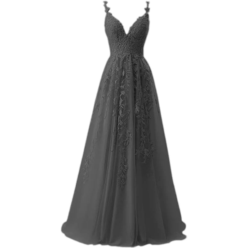 V-Neck Tulle Lace Appliqué A-Line Bridesmaid Dress - Luzilly Bridal & Apparel