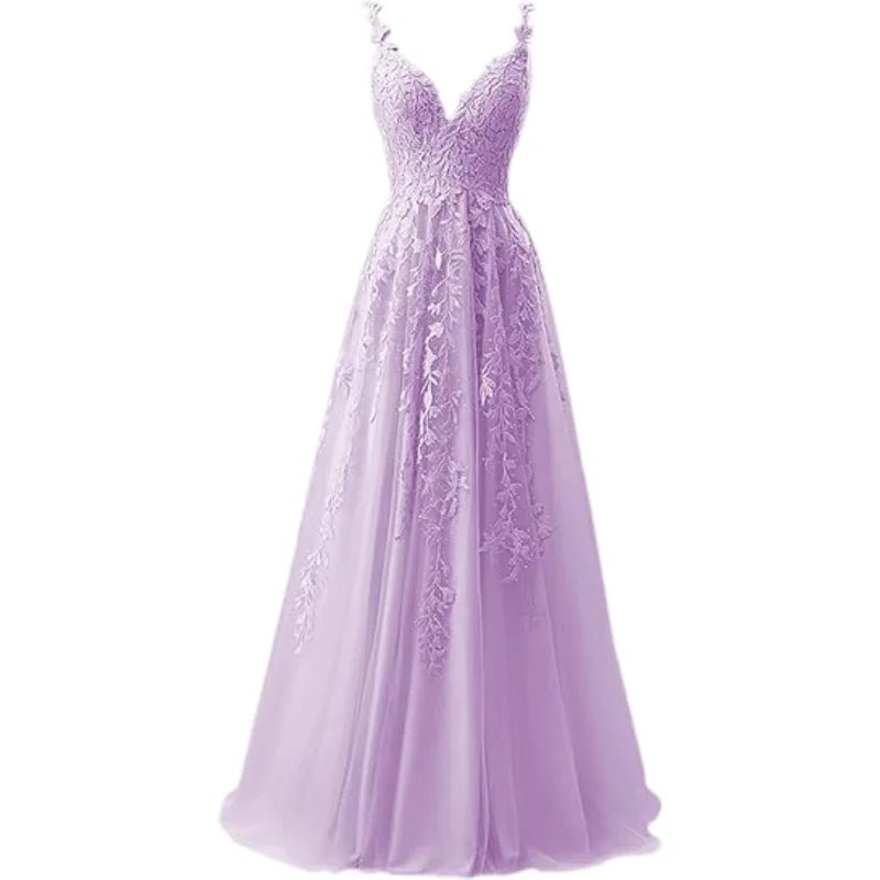 V-Neck Tulle Lace Appliqué A-Line Bridesmaid Dress - Luzilly Bridal & Apparel