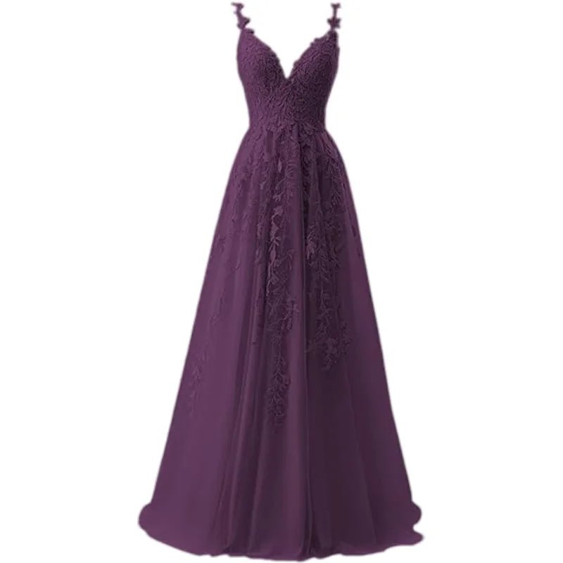 V-Neck Tulle Lace Appliqué A-Line Bridesmaid Dress - Luzilly Bridal & Apparel