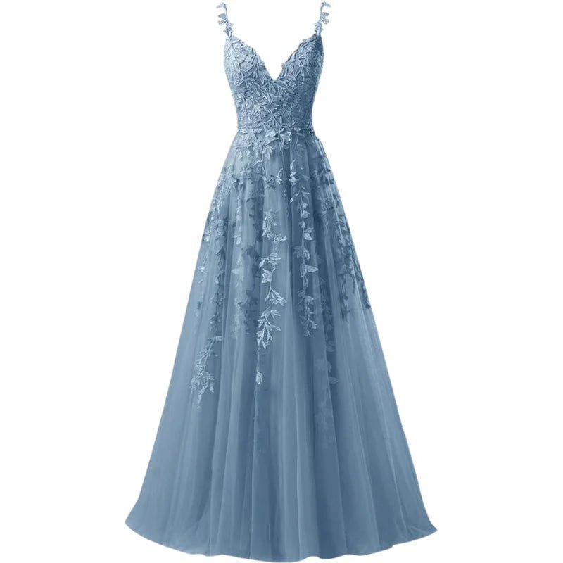 V-Neck Tulle Lace Appliqué A-Line Bridesmaid Dress - Luzilly Bridal & Apparel