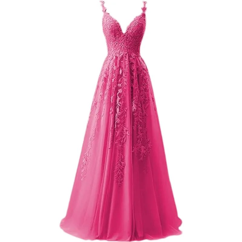 V-Neck Tulle Lace Appliqué A-Line Bridesmaid Dress - Luzilly Bridal & Apparel