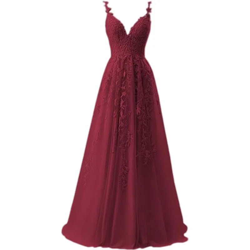 V-Neck Tulle Lace Appliqué A-Line Bridesmaid Dress - Luzilly Bridal & Apparel