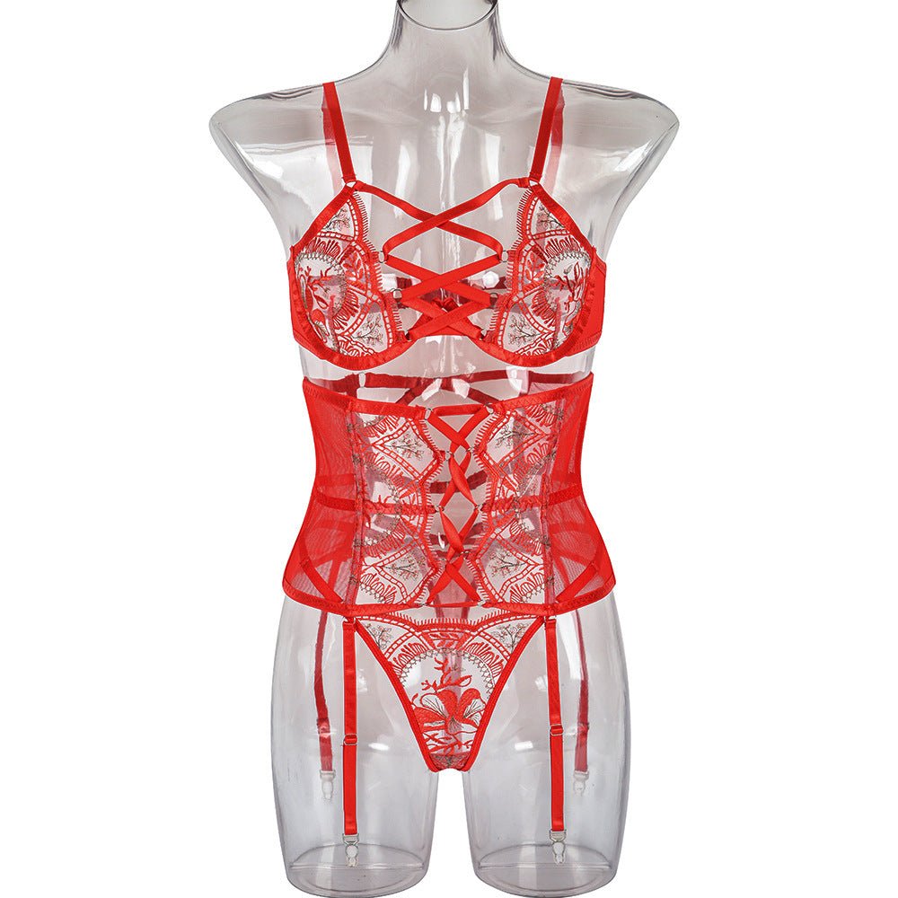 Valentine Day Sexy Lingerie Three Piece Embroidery Stitching Hand Worn Underwear - Luzilly Bridal & Apparel
