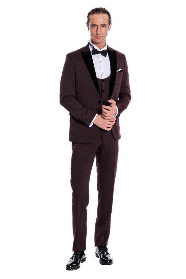 Velvet Lapel Slim Fit Burgundy Men Tuxedo - Wessi - Luzilly Bridal & Apparel