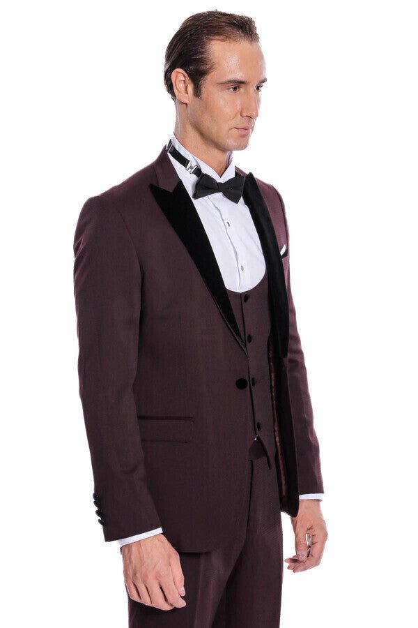 Velvet Lapel Slim Fit Burgundy Men Tuxedo - Wessi - Luzilly Bridal & Apparel