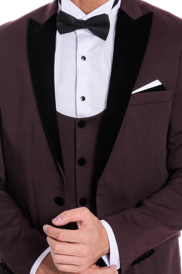 Velvet Lapel Slim Fit Burgundy Men Tuxedo - Wessi - Luzilly Bridal & Apparel