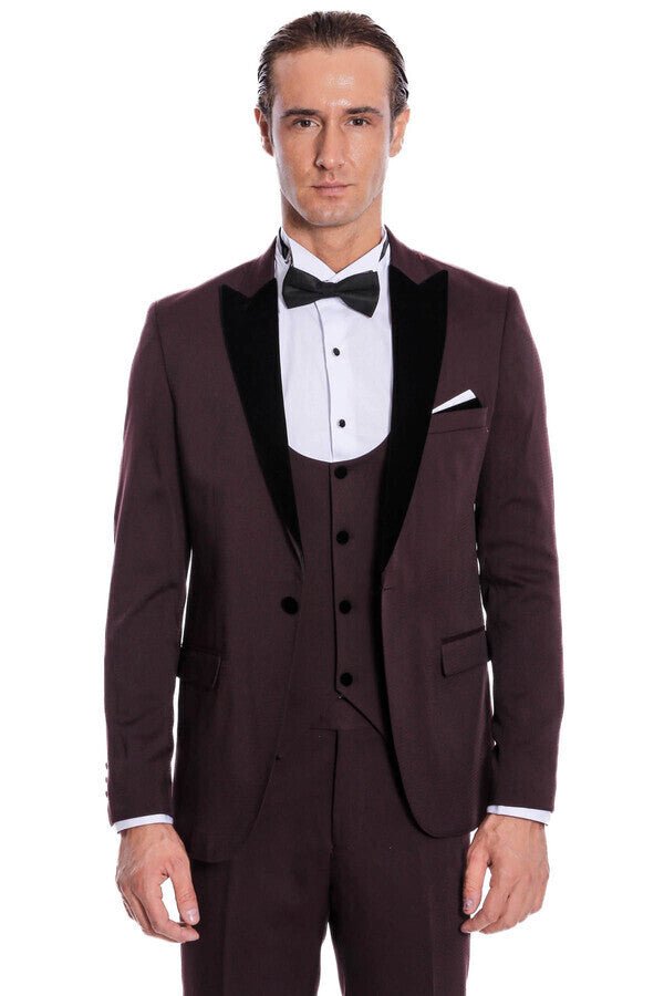 Velvet Lapel Slim Fit Burgundy Men Tuxedo - Wessi - Luzilly Bridal & Apparel