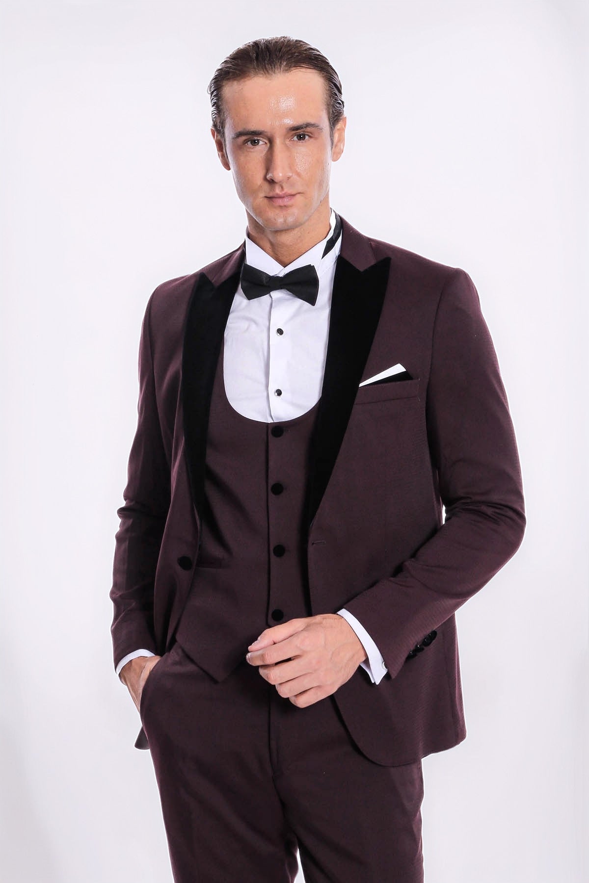 Velvet Lapel Slim Fit Burgundy Men Tuxedo - Wessi - Luzilly Bridal & Apparel