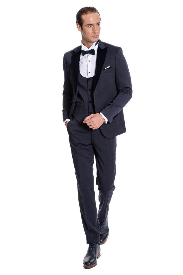 Velvet Lapel Slim Fit Navy Blue Men Tuxedo - Wessi - Luzilly Bridal & Apparel