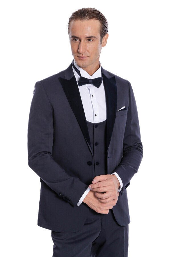 Velvet Lapel Slim Fit Navy Blue Men Tuxedo - Wessi - Luzilly Bridal & Apparel