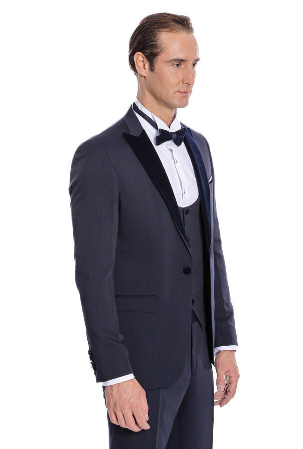 Velvet Lapel Slim Fit Navy Blue Men Tuxedo - Wessi - Luzilly Bridal & Apparel