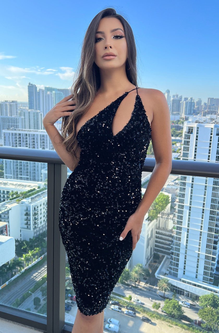 Venice One-Shoulder Sequin Midi Dress - Black - Luzilly Bridal & Apparel