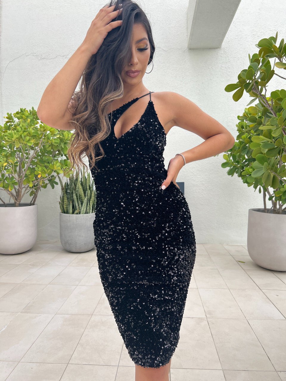 Venice One-Shoulder Sequin Midi Dress - Black - Luzilly Bridal & Apparel