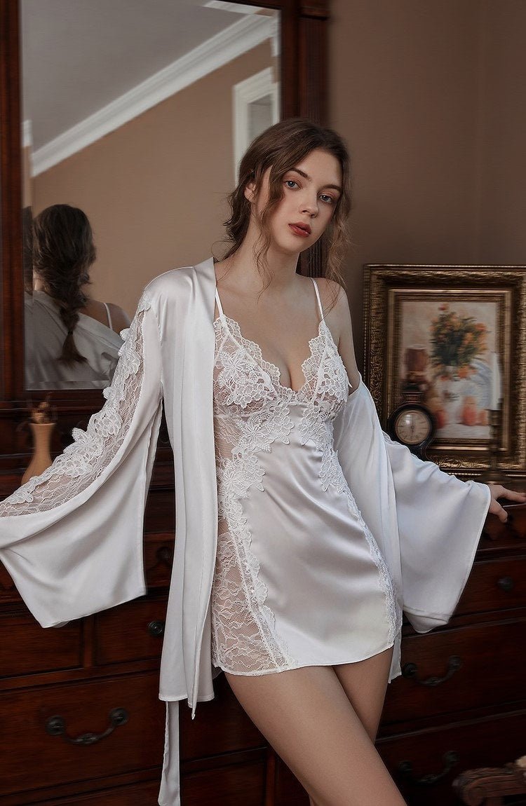 Victorian Style Lace Silky Lingerie Set - Elegant Night Dress & Robe in 3 Colors Next Day Shipping - Luzilly Bridal & Apparel