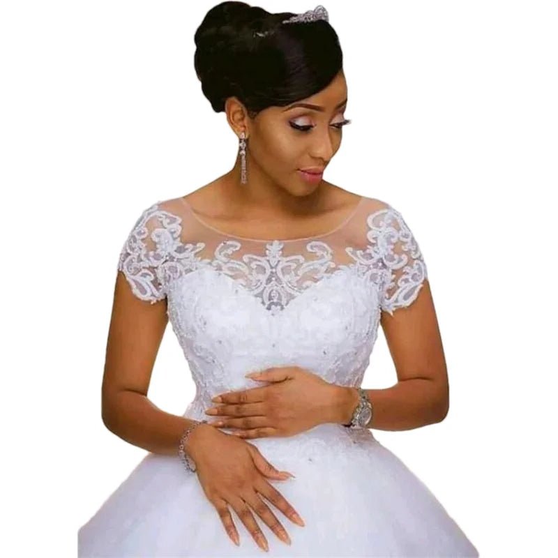Vintage Beaded Lace Short-Sleeve Wedding Gown - Luzilly Bridal & Apparel