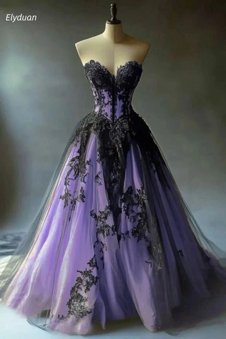 Vintage Black Lace Gothic Wedding Dress Royal Blue Lining A-Line Sweetheart Sleeveless A-Line Bride Gowns Customized - Luzilly Bridal & Apparel