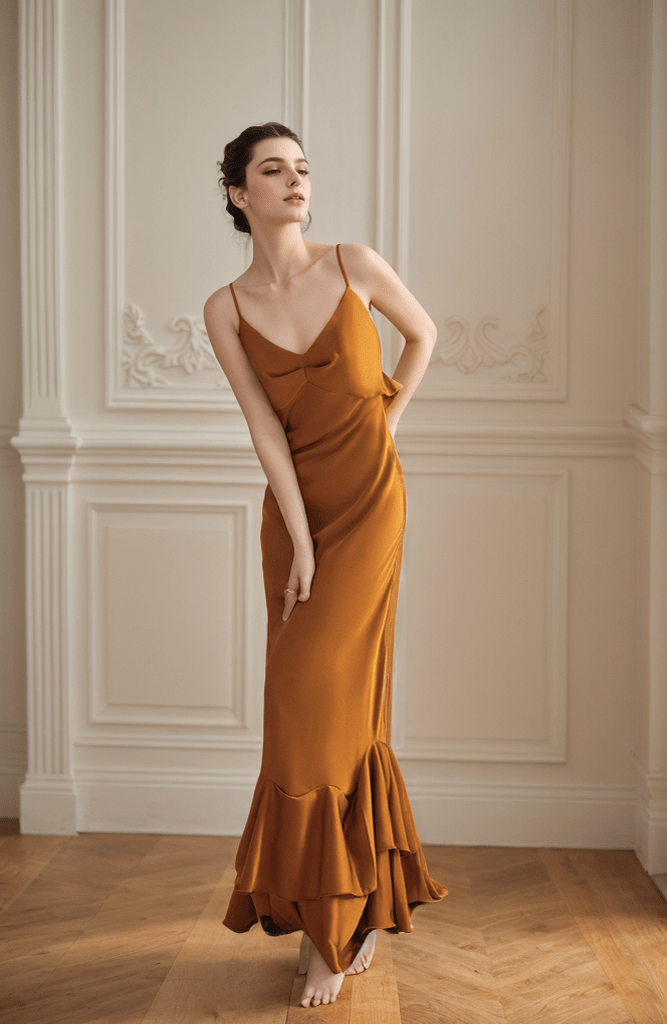 Vintage Deep V neck low back pencil skirt ruffled silky satin prom dress - Luzilly Bridal & Apparel