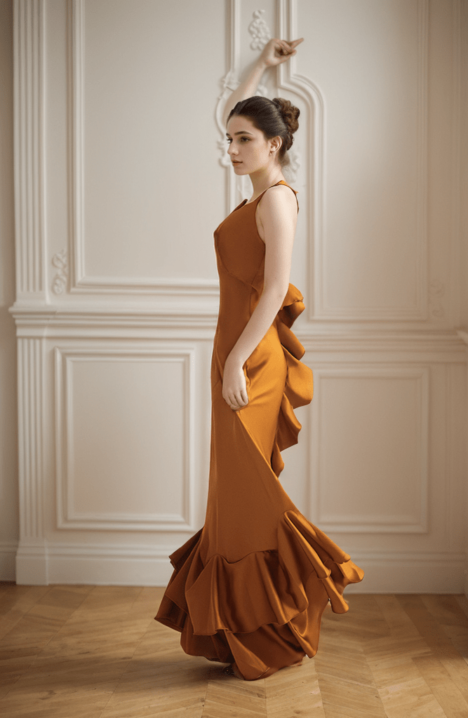 Vintage Deep V neck low back pencil skirt ruffled silky satin prom dress - Luzilly Bridal & Apparel