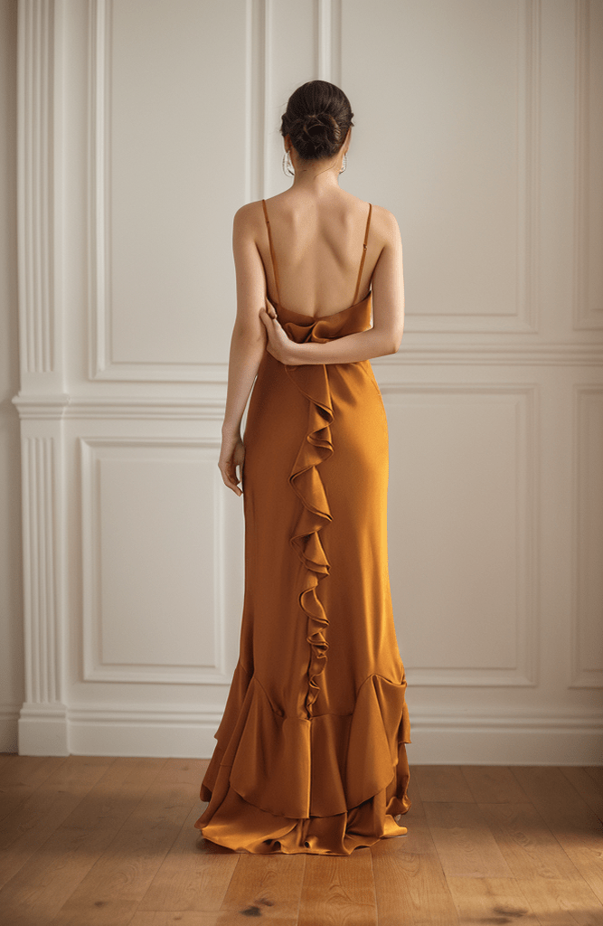 Vintage Deep V neck low back pencil skirt ruffled silky satin prom dress - Luzilly Bridal & Apparel