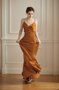 Vintage Deep V neck low back pencil skirt ruffled silky satin prom dress - Luzilly Bridal & Apparel