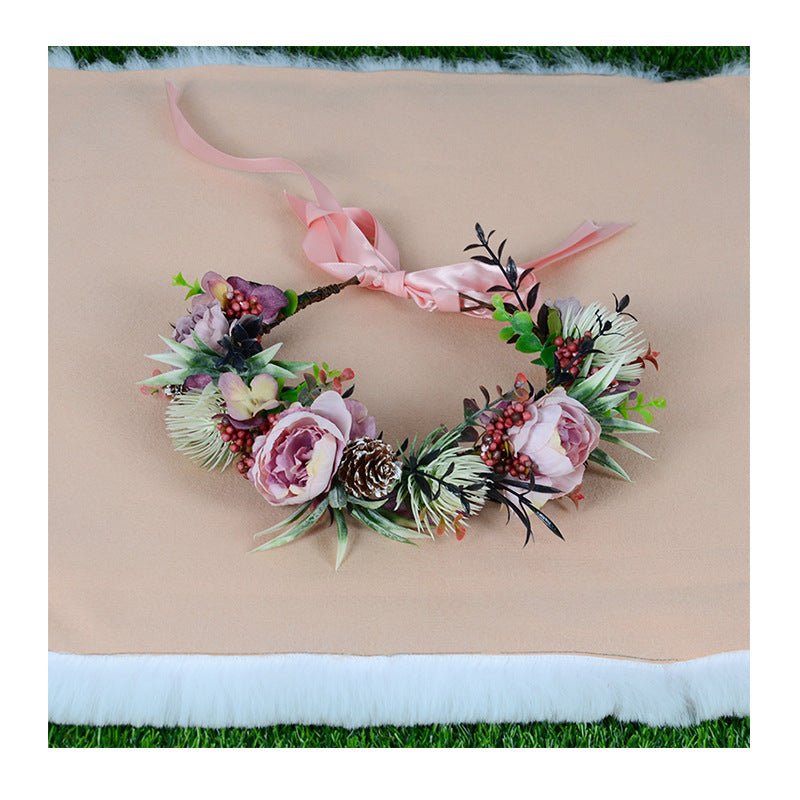 Vintage flower wreath autumn pine cone handmade simulation flower bridal hair accessory Hanfu headwear female - Luzilly Bridal & Apparel