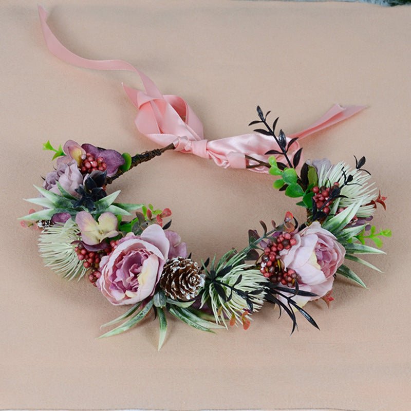 Vintage flower wreath autumn pine cone handmade simulation flower bridal hair accessory Hanfu headwear female - Luzilly Bridal & Apparel