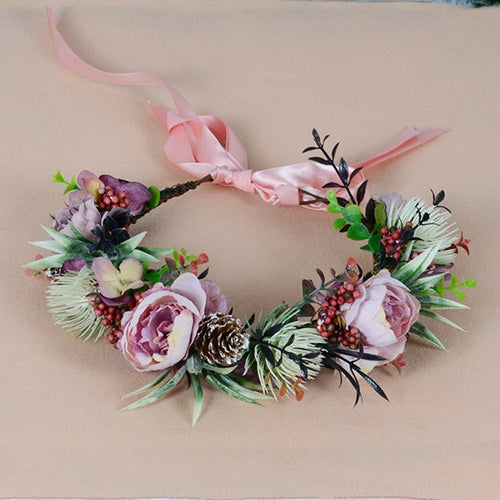 Vintage flower wreath autumn pine cone handmade simulation flower bridal hair accessory Hanfu headwear female - Luzilly Bridal & Apparel