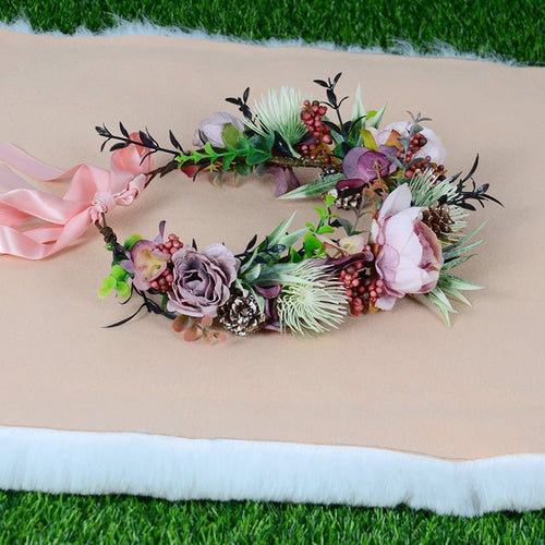 Vintage flower wreath autumn pine cone handmade simulation flower bridal hair accessory Hanfu headwear female - Luzilly Bridal & Apparel