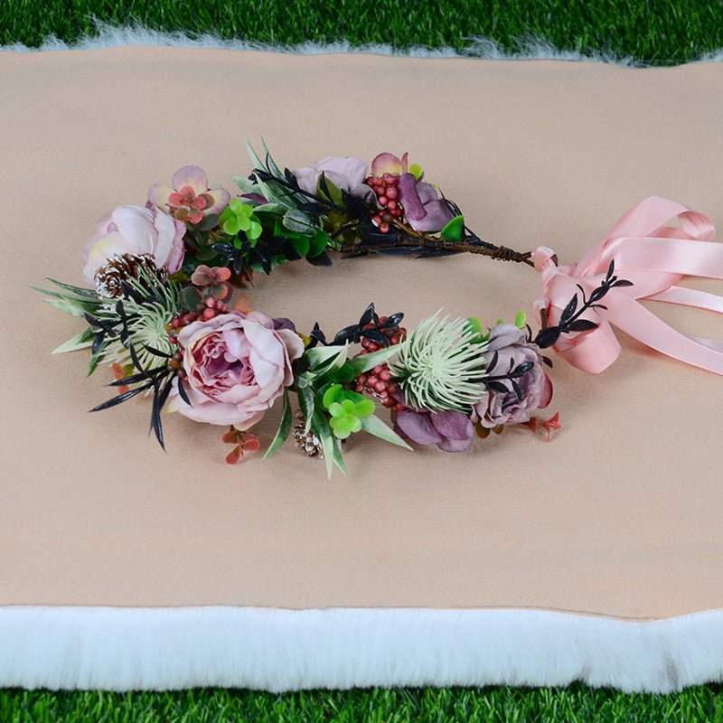 Vintage flower wreath autumn pine cone handmade simulation flower bridal hair accessory Hanfu headwear female - Luzilly Bridal & Apparel