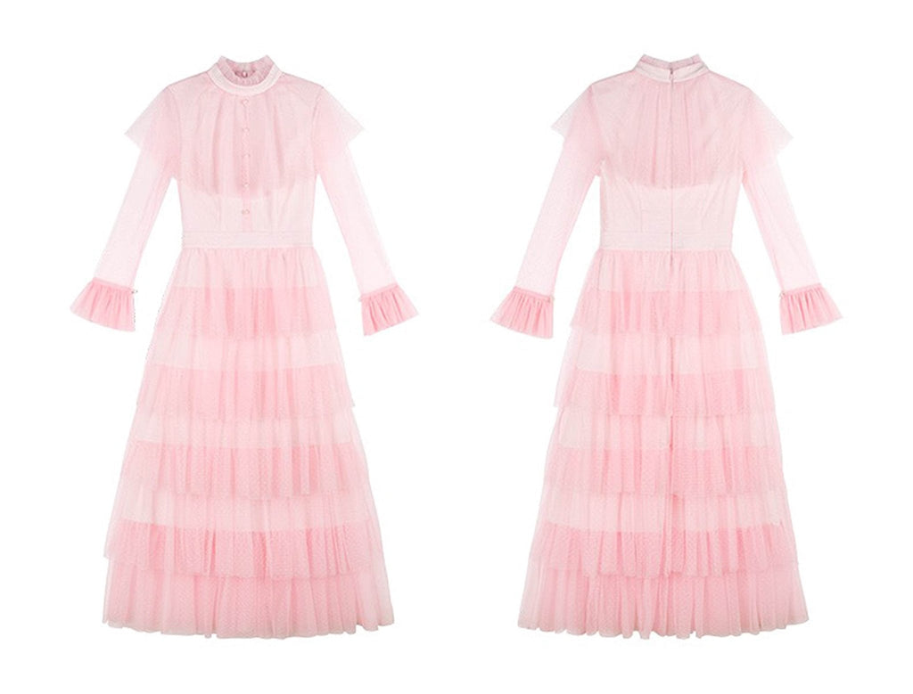 Vintage high neck Layered Ruffle tutu Skirt tulle prom dress with sleeves - Luzilly Bridal & Apparel