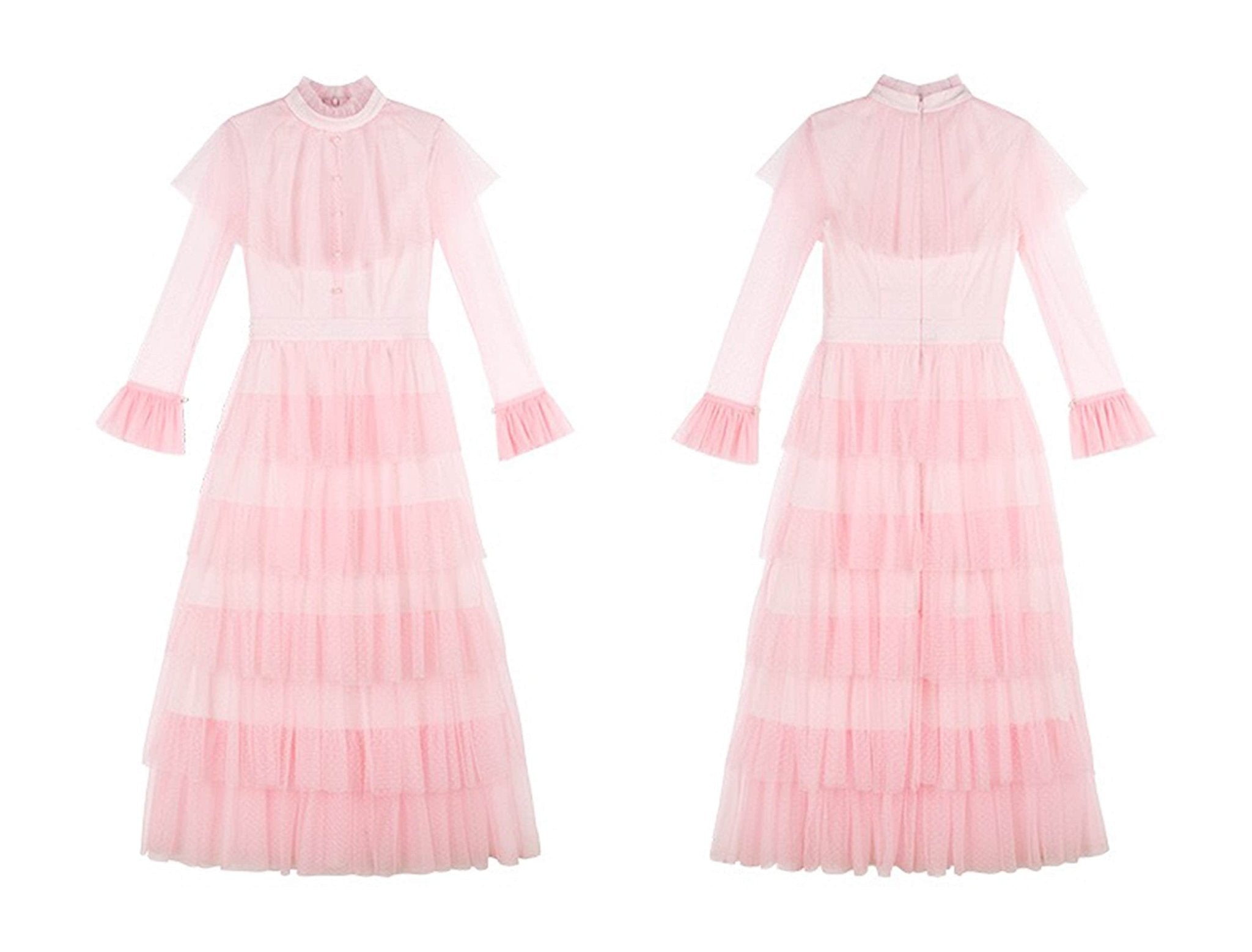 Vintage high neck Layered Ruffle tutu Skirt tulle prom dress with sleeves - Luzilly Bridal & Apparel