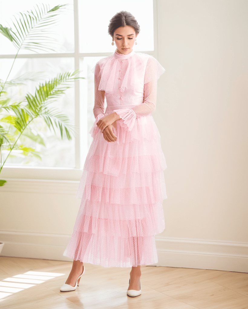 Vintage high neck Layered Ruffle tutu Skirt tulle prom dress with sleeves - Luzilly Bridal & Apparel