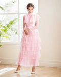 Vintage high neck Layered Ruffle tutu Skirt tulle prom dress with sleeves - Luzilly Bridal & Apparel