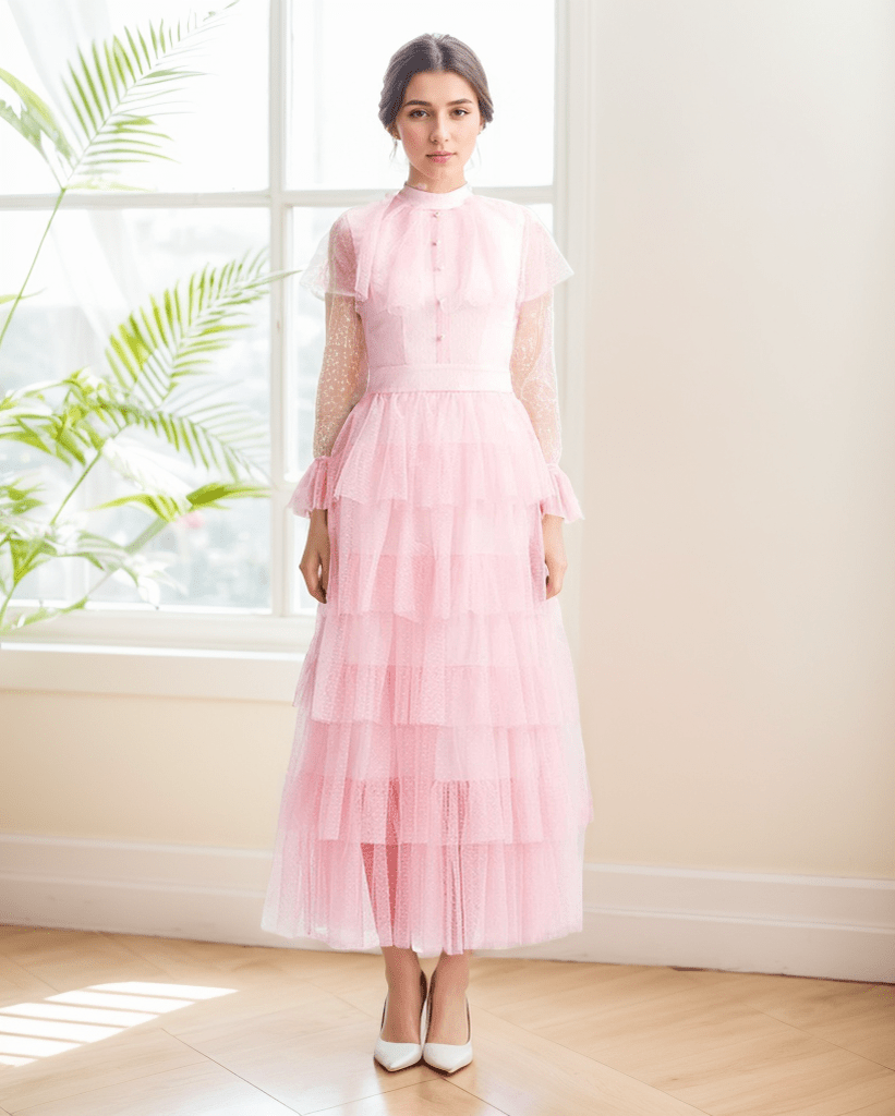 Vintage high neck Layered Ruffle tutu Skirt tulle prom dress with sleeves - Luzilly Bridal & Apparel