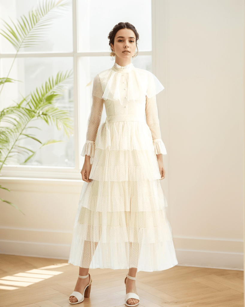 Vintage high neck Layered Ruffle tutu Skirt tulle prom dress with sleeves - Luzilly Bridal & Apparel
