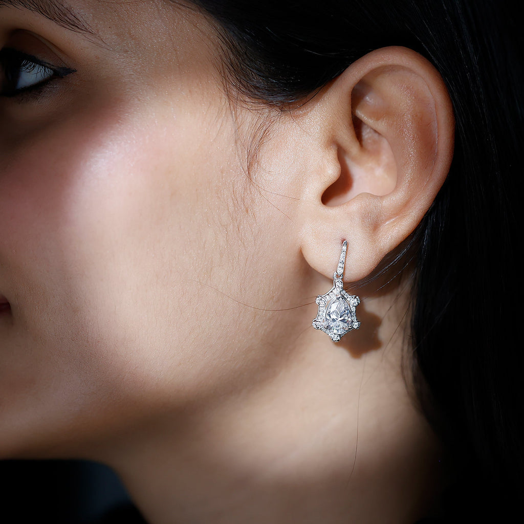 Vintage Inspired Moissanite Silver Drop Earrings for Wedding - Luzilly Bridal & Apparel