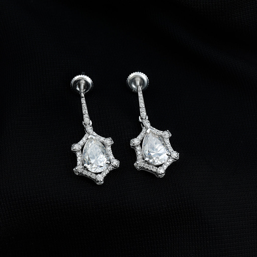 Vintage Inspired Moissanite Silver Drop Earrings for Wedding - Luzilly Bridal & Apparel