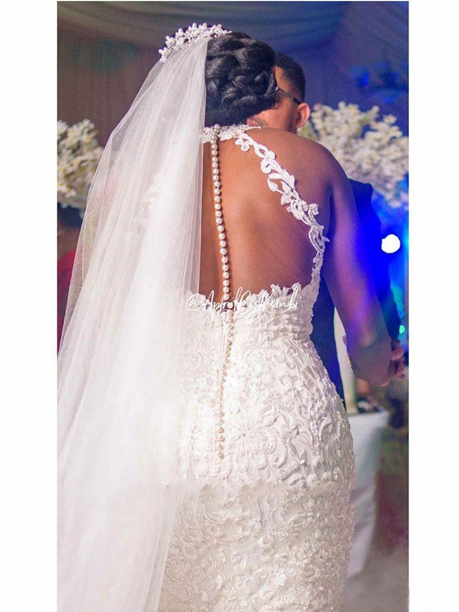 Vintage Lace Beaded Wedding Dresses Sheer Neck Mermaid Bridal Dresses Wedding Gowns - Luzilly Bridal & Apparel