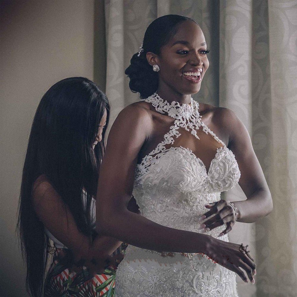 Vintage Lace Beaded Wedding Dresses Sheer Neck Mermaid Bridal Dresses Wedding Gowns - Luzilly Bridal & Apparel