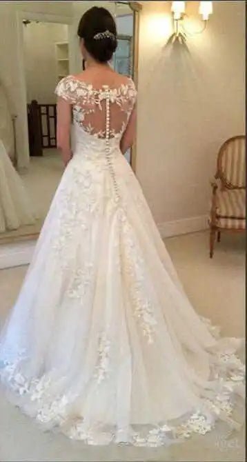 Vintage Lace Cap Sleeve A-Line Wedding Dress - Luzilly Bridal & Apparel