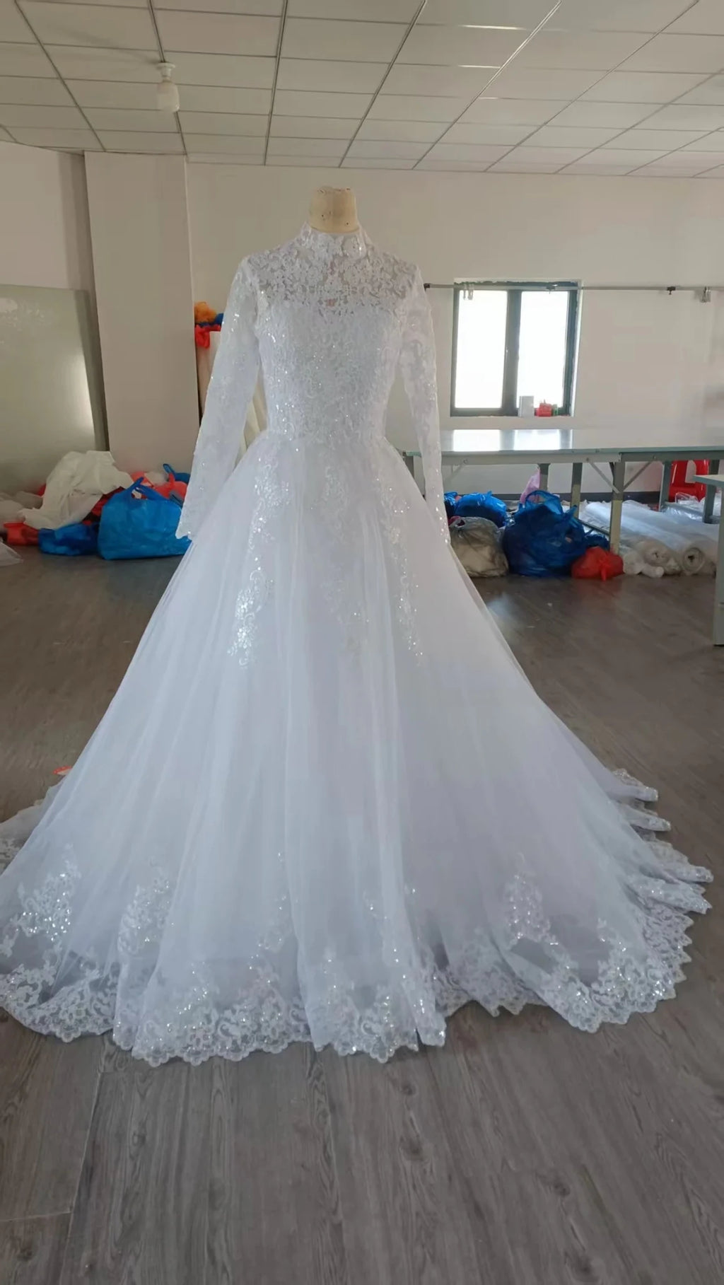 Vintage Lace Long Sleeve High-Neck Wedding Dress with Sweeping Train - Luzilly Bridal & Apparel