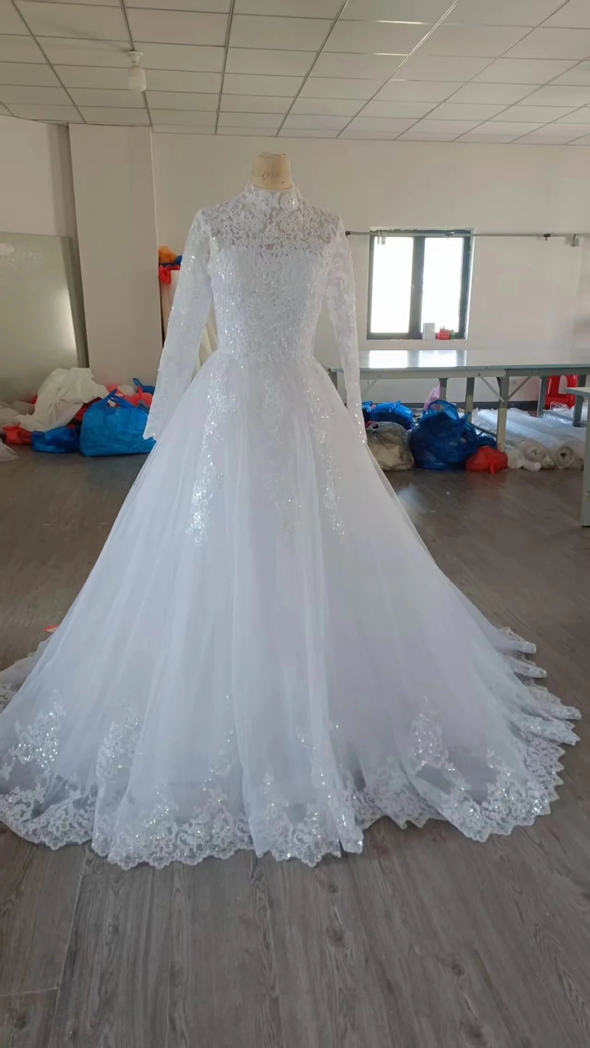 Vintage Lace Long Sleeve High-Neck Wedding Dress with Sweeping Train - Luzilly Bridal & Apparel