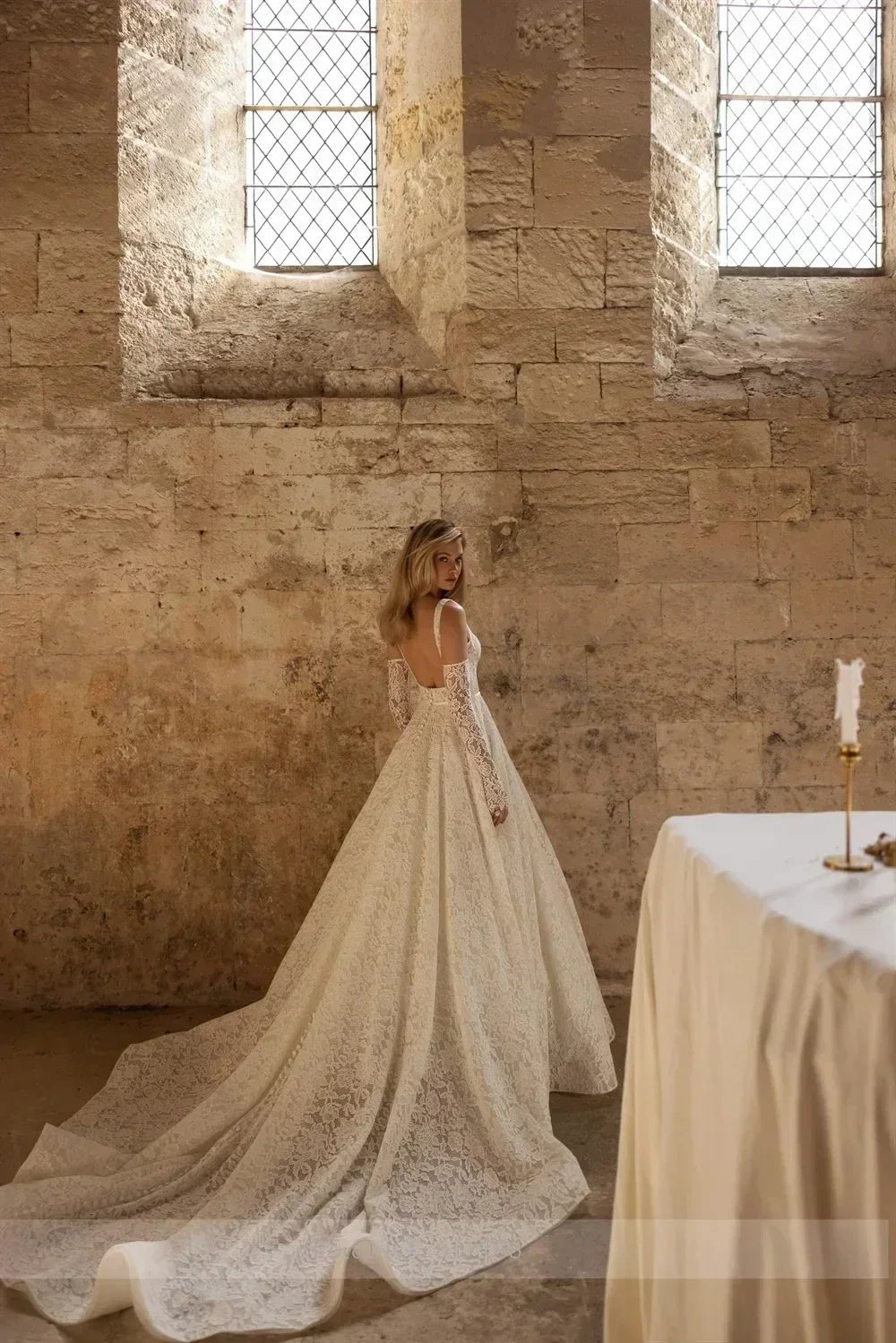 Vintage Lace Wedding Dress | Square Neck Boho Gown - Femstylo - Luzilly Bridal & Apparel