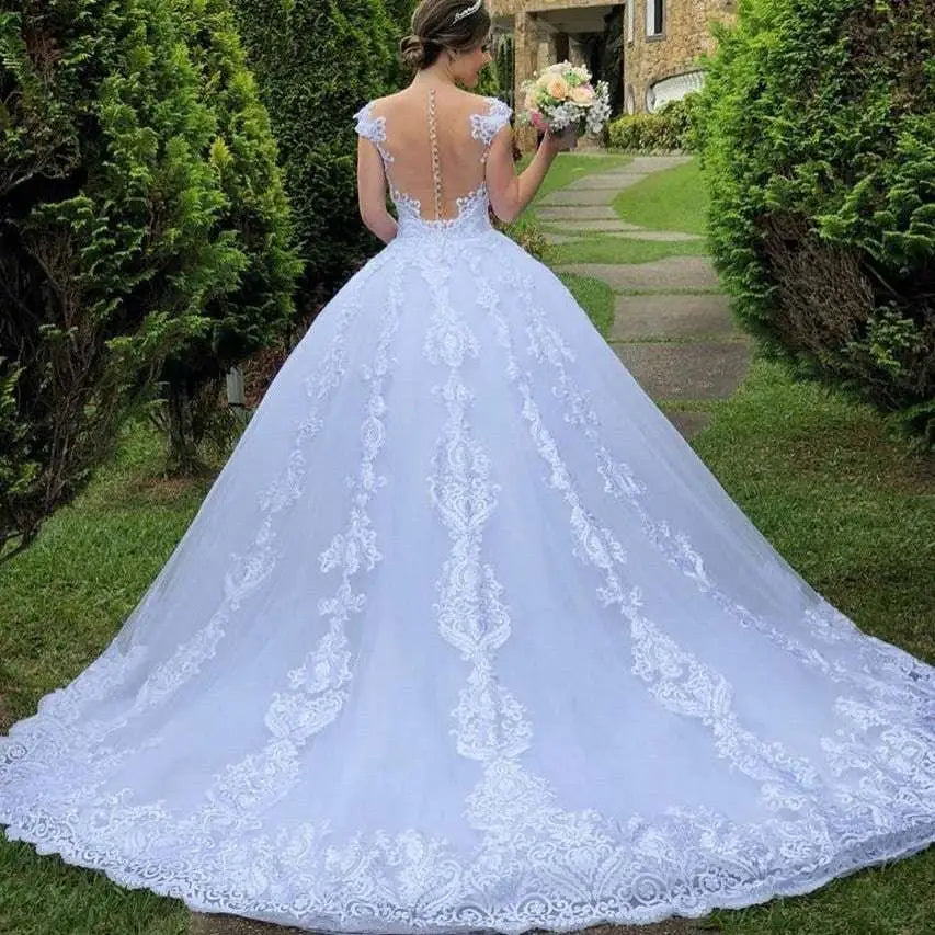 Vintage Lace White Wedding Dress with Floral Train